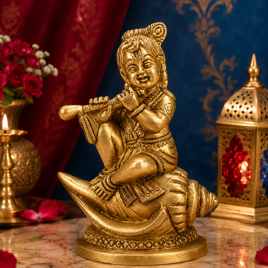 Brassaura® Krishna Sitting on Shankha Idol with Polished Finish | Pure Superfine Brass Handcrafted Murti | Brass Statue for Home Temple, Pooja Room | Height 5.5 Inches | Weight 0.6 Kgs
