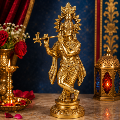 Brassaura® Krishna Standing Playing Flute Idol with Polished Finish | Pure Superfine Brass Handcrafted Murti | Brass Statue for Home Temple, Pooja Room | Height 16 Inches | Weight 5 Kgs