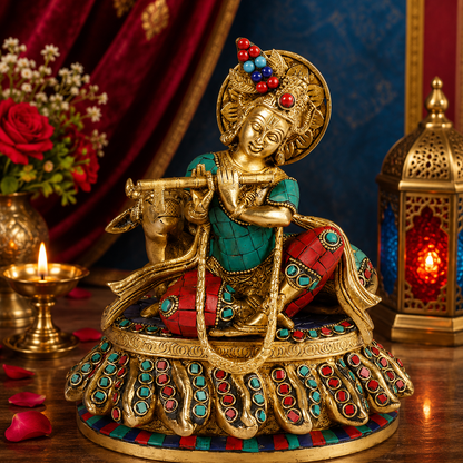 Brassaura® Krishna Sitting Playing Flute with Cow Idol with Multi-Color Stone Finish | Pure Superfine Brass Handcrafted Murti | Brass Statue for Home Temple, Pooja Room | Height 9 Inches | Weight 3.2 Kgs