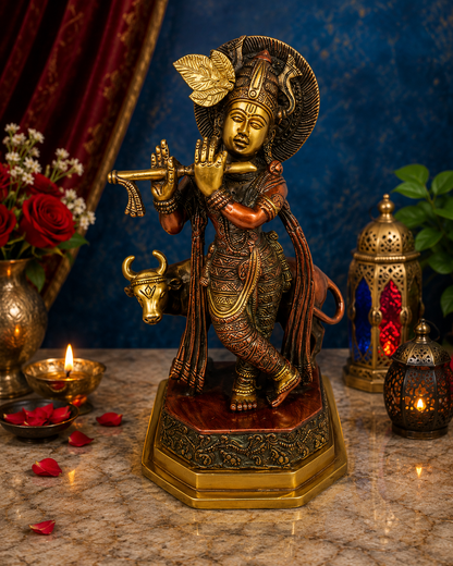 Brassaura® Krishna Standing Playing Flute with Cow Idol with Multi-Color Finish | Pure Superfine Brass Handcrafted Murti | Brass Statue for Home Temple, Pooja Room | Height 9.5 Inches | Weight 2.5 Kgs