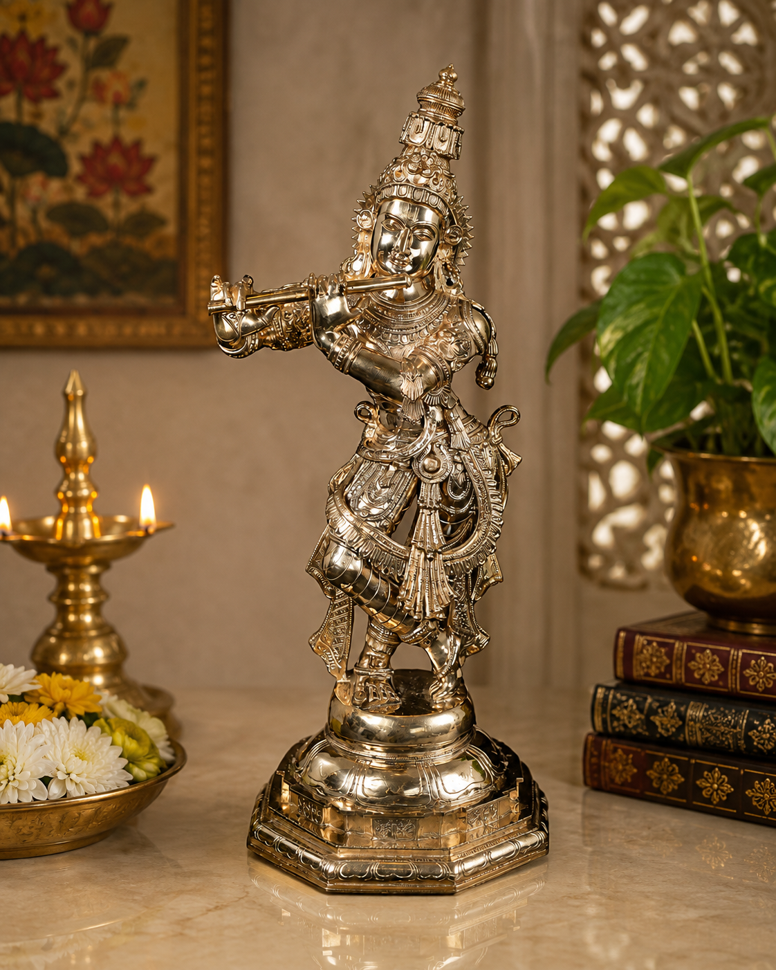 Brassaura® Vasudeva Krishna Playing Flute Idol with Fine Polish Finish | Handcrafted Bronze Lost-Wax Sculpture | Bronze Statue for Home Temple, Pooja Room | Height 27 Inches | Weight 21.6 Kgs