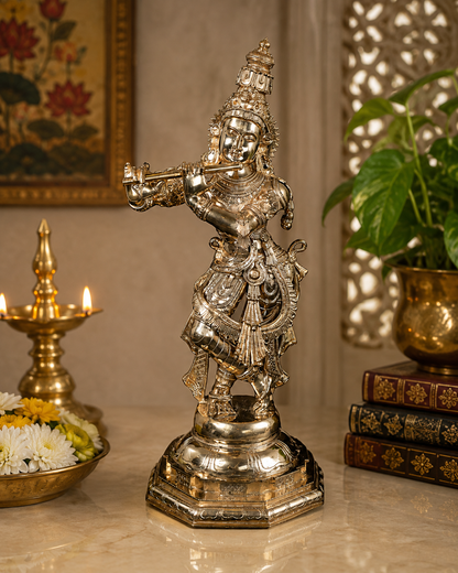 Brassaura® Vasudeva Krishna Playing Flute Idol with Fine Polish Finish | Handcrafted Bronze Lost-Wax Sculpture | Bronze Statue for Home Temple, Pooja Room | Height 27 Inches | Weight 21.6 Kgs
