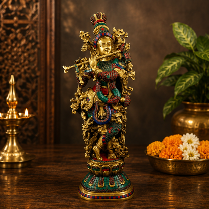 Brassaura® Lord Krishna Playing Flute Idol with Multicolor Stone Work Finish | Pure Superfine Brass Handcrafted Murti | Brass Statue for Home Temple, Pooja Room | Height 30 Inches | Weight 16.5 Kgs