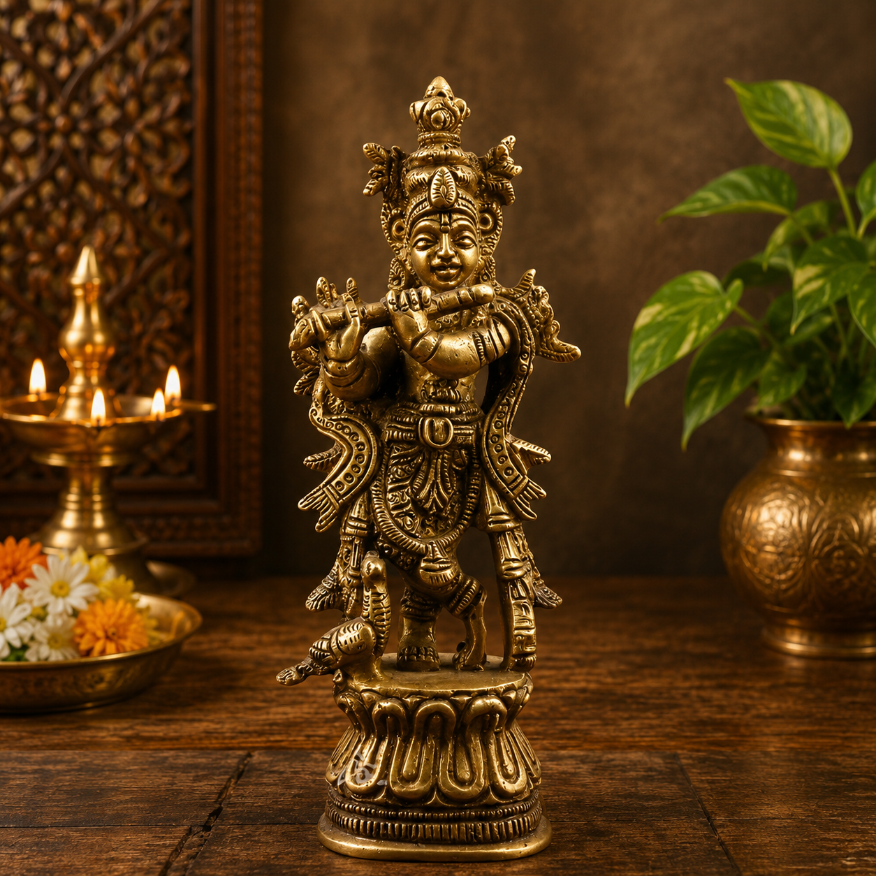 Brassaura® Lord Krishna Playing Flute Idol with Glossy Finish | Pure Superfine Brass Handcrafted Murti | Brass Statue for Home Temple, Pooja Room | Height 11 Cm | Weight 0.18 Kgs