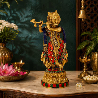 Brassaura® Krishna Playing Flute Idol with Multi-Color Finish | Pure Superfine Brass Handcrafted Murti | Brass Statue for Home Temple, Pooja Room | Height 11 Inches | Weight 2.2 Kgs