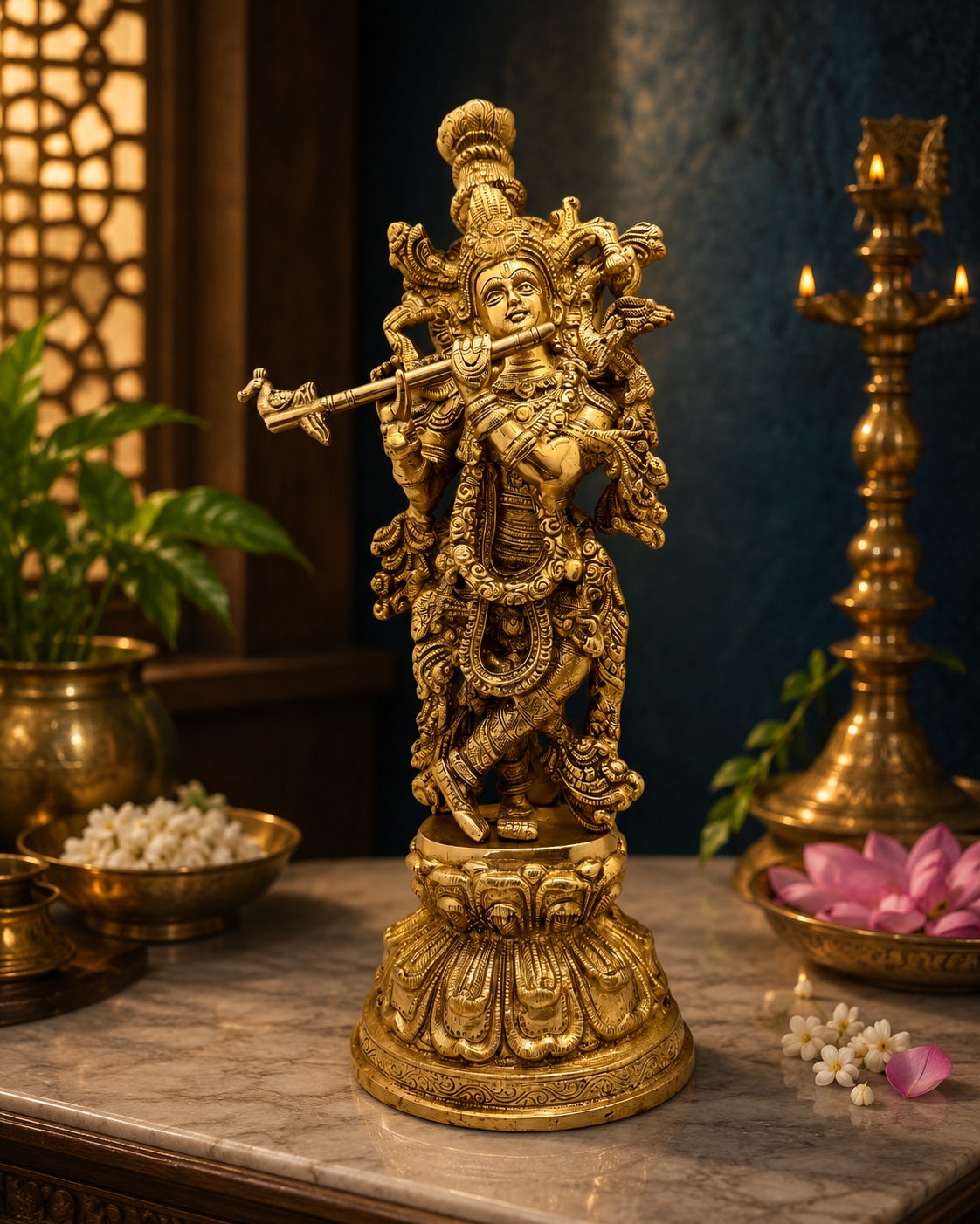 Brassaura® Krishna Playing Flute Idol with Golden Finish | Pure Superfine Brass Handcrafted Murti | Brass Statue for Home Temple, Pooja Room | Height 16 Inches | Weight 4.5 Kgs