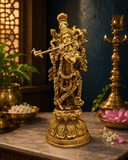 Brassaura® Krishna Playing Flute Idol with Golden Finish | Pure Superfine Brass Handcrafted Murti | Brass Statue for Home Temple, Pooja Room | Height 16 Inches | Weight 4.5 Kgs