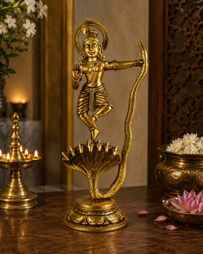 घर और सजावट के लिए पीतल की कृष्ण कालिया नाग मूर्ति, लिविंग रूम, ऊंचाई 36 सेमी, वज़न 2.5 किग्रा