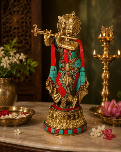 Brassaura® Krishna Playing Flute Idol with Multi-Color Finish | Pure Superfine Brass Handcrafted Murti | Brass Statue for Home Temple, Pooja Room | Height 5 Inches | Weight 2.2 Kgs