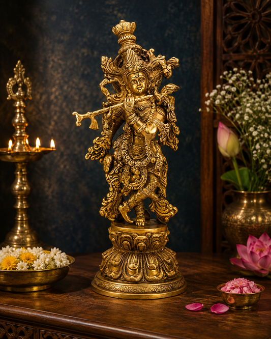 Brassaura® Krishna Playing Flute Idol with Golden Finish | Pure Superfine Brass Handcrafted Murti | Brass Statue for Home Temple, Pooja Room | Height 16 Inches | Weight 4.7 Kgs