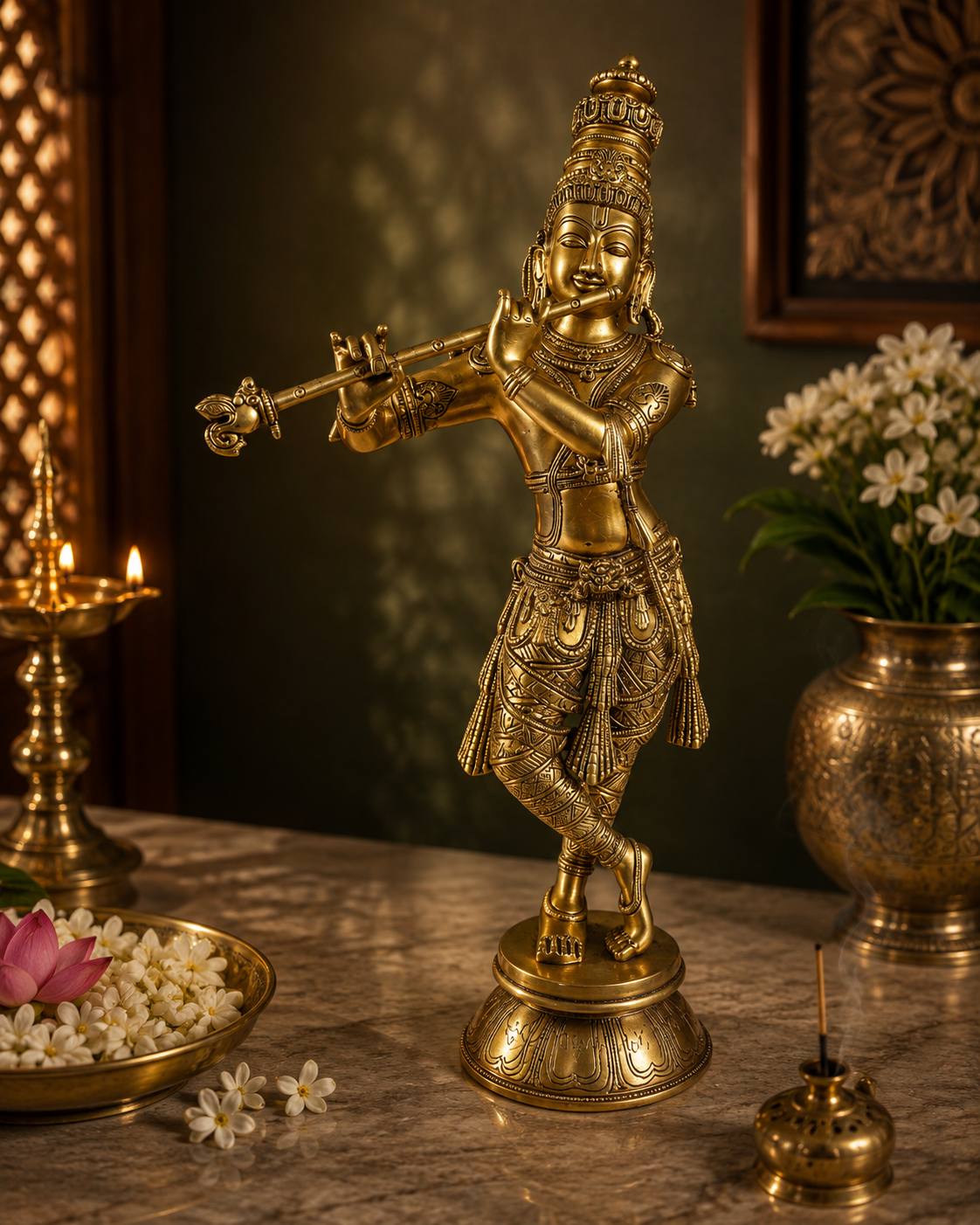 Brassaura® Krishna Playing Flute Idol with Golden Finish | Pure Superfine Brass Handcrafted Murti | Brass Statue for Home Temple, Pooja Room | Height 24 Inches | Weight 9.5 Kgs