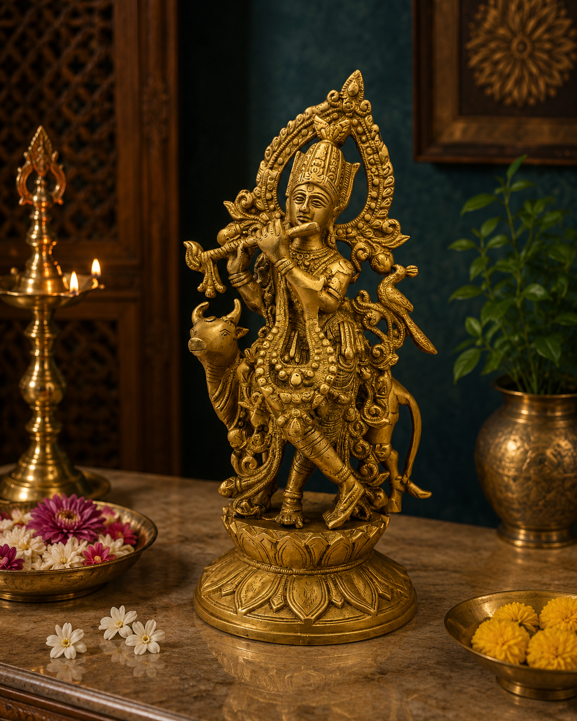 Brassaura® Krishna Playing Flute with Cow Idol with Golden Finish | Pure Superfine Brass Handcrafted Murti | Brass Statue for Home Temple, Pooja Room | Height 12 Inches | Weight 3.8 Kgs