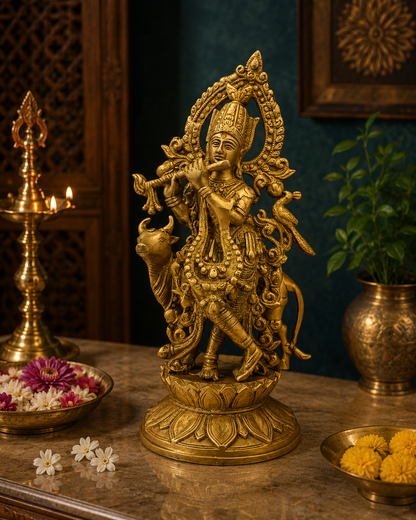 Brassaura® Krishna Playing Flute with Cow Idol with Golden Finish | Pure Superfine Brass Handcrafted Murti | Brass Statue for Home Temple, Pooja Room | Height 12 Inches | Weight 3.8 Kgs