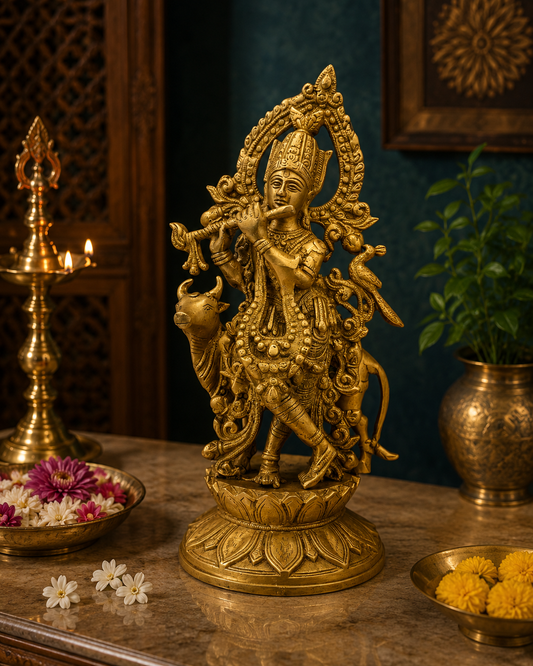 Brassaura® Krishna Playing Flute with Cow Idol with Golden Finish | Pure Superfine Brass Handcrafted Murti | Brass Statue for Home Temple, Pooja Room | Height 12 Inches | Weight 3.8 Kgs