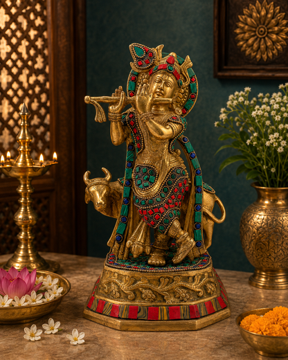 Brassaura® Krishna Playing Flute with Cow Idol with Multi-Color Finish | Pure Superfine Brass Handcrafted Murti | Brass Statue for Home Temple, Pooja Room | Height 10 Inches | Weight 3 Kgs
