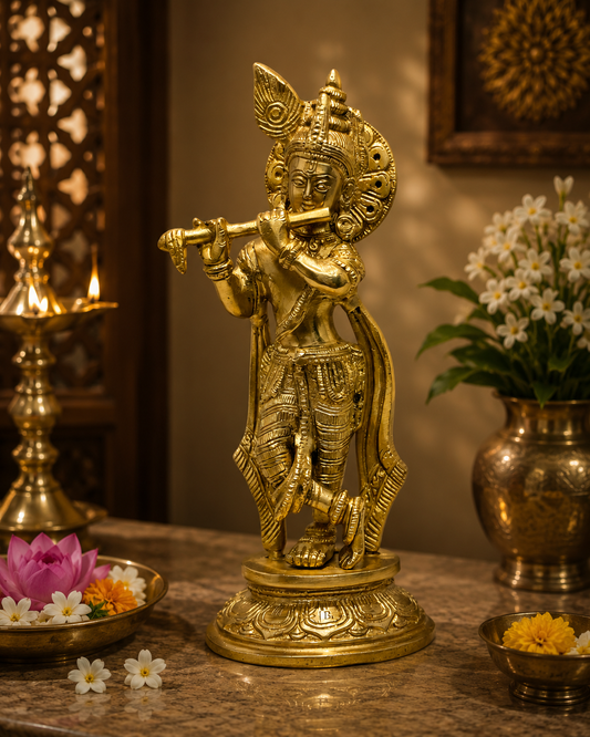 Brassaura® Krishna Playing Flute Idol with Golden Finish | Pure Superfine Brass Handcrafted Murti | Brass Statue for Home Temple, Pooja Room | Height 4 Inches | Weight 1.9 Kgs