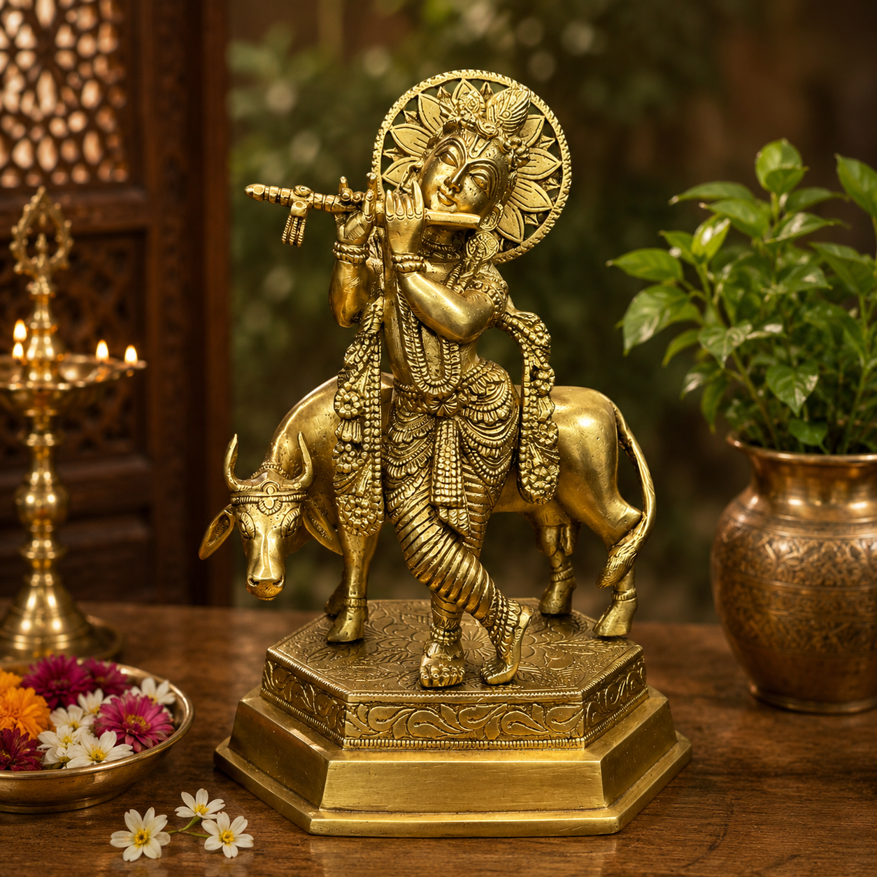Brassaura® Krishna Playing Flute with Cow Idol with Golden Finish | Pure Superfine Brass Handcrafted Murti | Brass Statue for Home Temple, Pooja Room | Height 13 Inches | Weight 4.95 Kgs