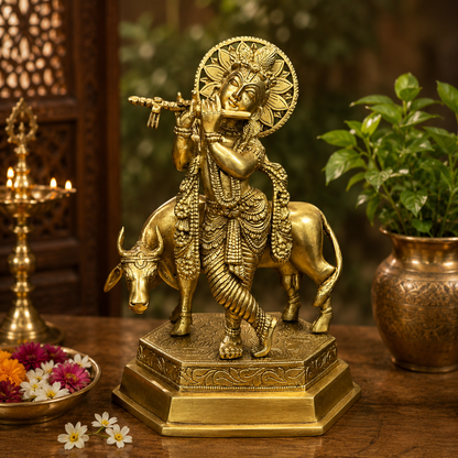 Brassaura® Krishna Playing Flute with Cow Idol with Golden Finish | Pure Superfine Brass Handcrafted Murti | Brass Statue for Home Temple, Pooja Room | Height 13 Inches | Weight 4.95 Kgs