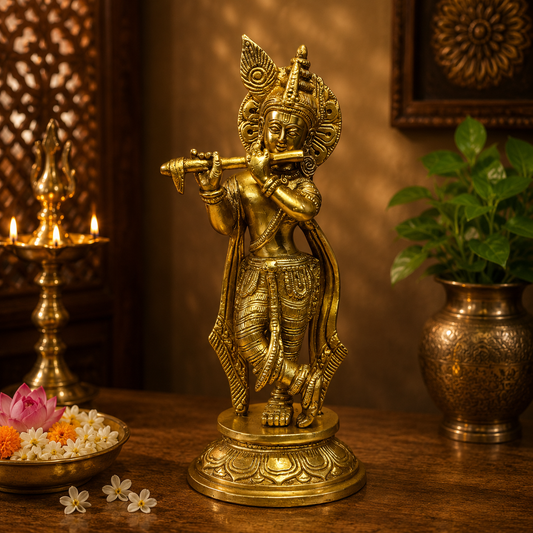 Brassaura® Krishna Playing Flute Idol with Golden Finish | Pure Superfine Brass Handcrafted Murti | Brass Statue for Home Temple, Pooja Room | Height 4 Inches | Weight 1.9 Kgs