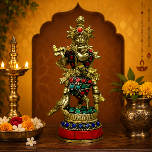 Brassaura® Krishna Playing Flute Idol with Multi-Color Finish | Pure Superfine Brass Handcrafted Murti | Brass Statue for Home Temple, Pooja Room | Height 8 Inches | Weight 0.5 Kgs