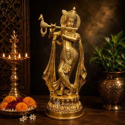 Brassaura® Krishna Playing Flute Idol with Golden Finish | Pure Superfine Brass Handcrafted Murti | Brass Statue for Home Temple, Pooja Room | Height 4 Inches | Weight 1.9 Kgs