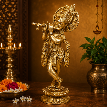 Brassaura® Krishna Playing Flute Idol with Golden Finish | Pure Superfine Brass Handcrafted Murti | Brass Statue for Home Temple, Pooja Room | Height 13 Inches | Weight 2.3 Kgs