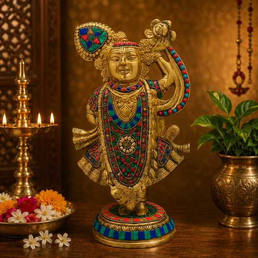 Brassaura® Krishna Standing Idol with Multi-Color Finish | Pure Superfine Brass Handcrafted Murti | Brass Statue for Home Temple, Pooja Room | Height 13 Inches | Weight 4.2 Kgs