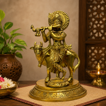 Brassaura® Krishna Playing Flute with Cow Idol with Golden Finish | Pure Superfine Brass Handcrafted Murti | Brass Statue for Home Temple, Pooja Room | Height 9 Inches | Weight 2 Kgs