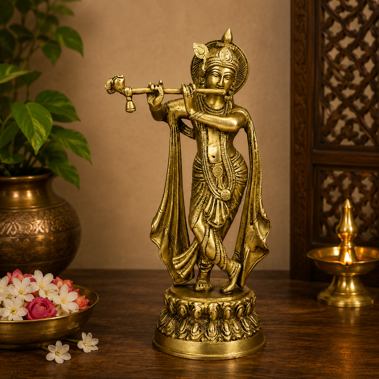 Brassaura® Krishna Playing Flute Idol with Golden Finish | Pure Superfine Brass Handcrafted Murti | Brass Statue for Home Temple, Pooja Room | Height 10 Inches | Weight 1.9 Kgs