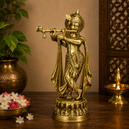 Brassaura® Krishna Playing Flute Idol with Golden Finish | Pure Superfine Brass Handcrafted Murti | Brass Statue for Home Temple, Pooja Room | Height 10 Inches | Weight 1.9 Kgs