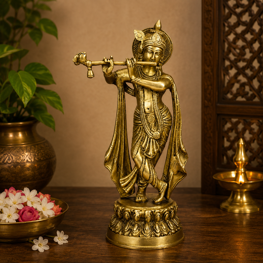 Brassaura® Krishna Playing Flute Idol with Golden Finish | Pure Superfine Brass Handcrafted Murti | Brass Statue for Home Temple, Pooja Room | Height 10 Inches | Weight 1.9 Kgs