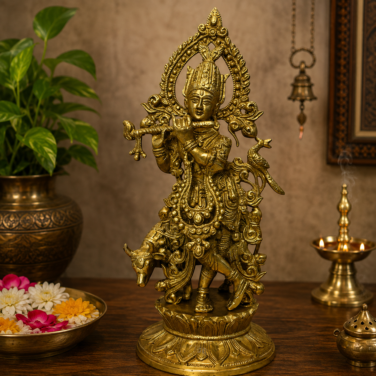 Brassaura® Krishna Playing Flute with Cow Idol with Golden Finish | Pure Superfine Brass Handcrafted Murti | Brass Statue for Home Temple, Pooja Room | Height 13 Inches | Weight 3.3 Kgs