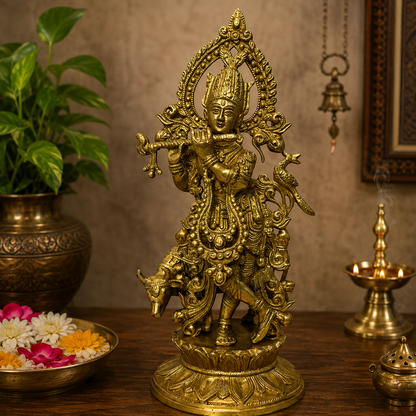 Brassaura® Krishna Playing Flute with Cow Idol with Golden Finish | Pure Superfine Brass Handcrafted Murti | Brass Statue for Home Temple, Pooja Room | Height 13 Inches | Weight 3.3 Kgs