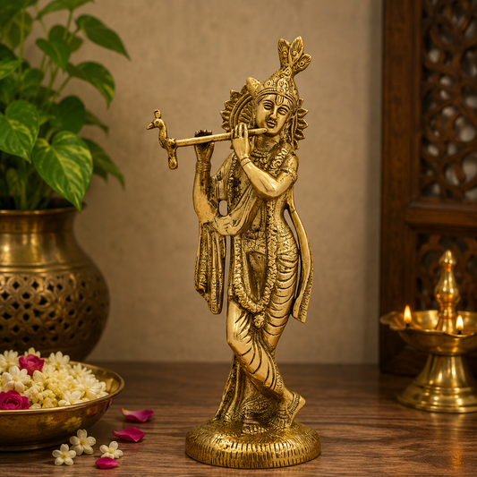 Brassaura® Krishna Playing Flute Idol with Golden Finish | Pure Superfine Brass Handcrafted Murti | Brass Statue for Home Temple, Pooja Room | Height 11 Inches | Weight 1.5 Kgs
