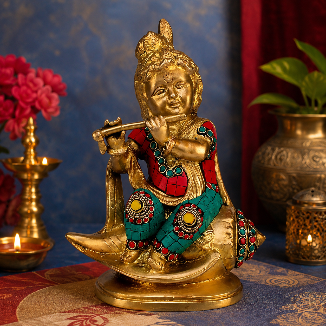 Brassaura® Krishna Playing Flute Seated Idol with Multi-Color Finish | Pure Superfine Brass Handcrafted Murti | Brass Statue for Home Temple, Pooja Room | Height 9 Inches | Weight 1.8 Kgs