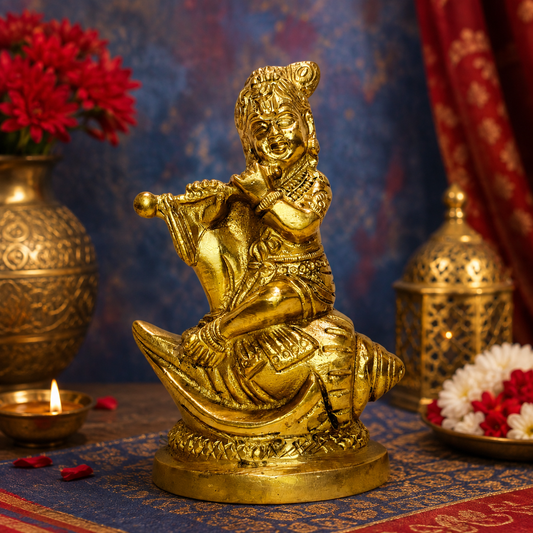 Brassaura® Krishna Seated Playing Flute Idol with Golden Finish | Pure Superfine Brass Handcrafted Murti | Brass Statue for Home Temple, Pooja Room | Height 9 Inches | Weight 1.8 Kgs