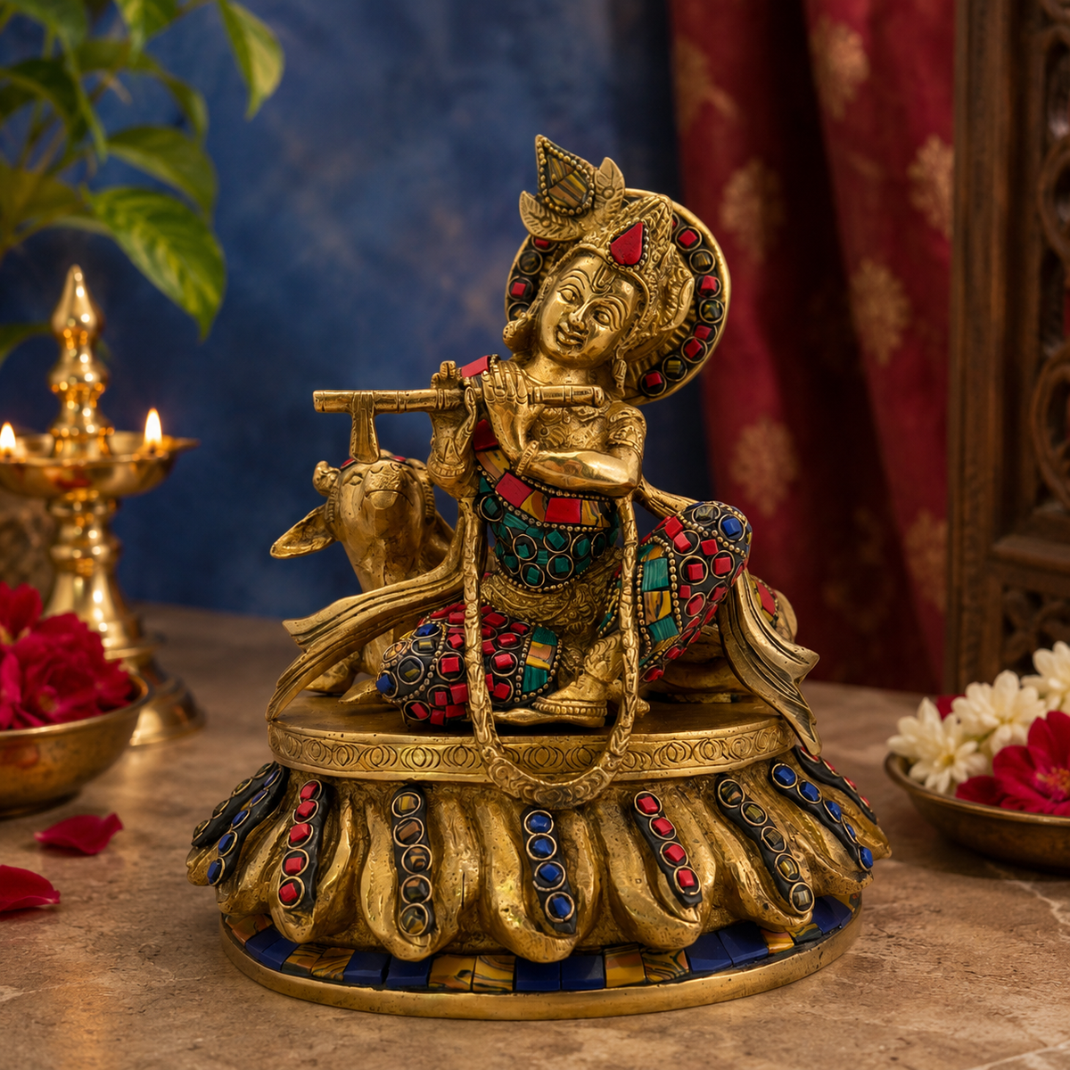 Brassaura® Krishna Playing Flute with Cow Idol with Multi-Color Finish | Pure Superfine Brass Handcrafted Murti | Brass Statue for Home Temple, Pooja Room | Height 9 Inches | Weight 3.2 Kgs