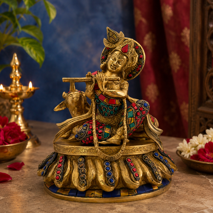 Brassaura® Krishna Playing Flute with Cow Idol with Multi-Color Finish | Pure Superfine Brass Handcrafted Murti | Brass Statue for Home Temple, Pooja Room | Height 9 Inches | Weight 3.2 Kgs