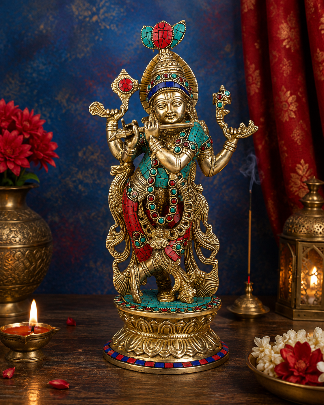 Brassaura® Krishna Playing Flute Idol with Multi-Color Finish | Pure Superfine Brass Handcrafted Murti | Brass Statue for Home Temple, Pooja Room | Height 12 Inches | Weight 2.3 Kgs