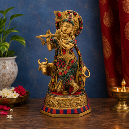 Brassaura® Krishna Playing Flute with Cow Idol with Multi-Color Finish | Pure Superfine Brass Handcrafted Murti | Brass Statue for Home Temple, Pooja Room | Height 9.5 Inches | Weight 2.5 Kgs