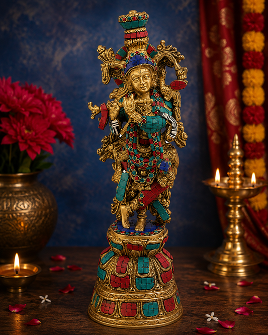 Brassaura® Krishna Playing Flute Idol with Multi-Color Finish | Pure Superfine Brass Handcrafted Murti | Brass Statue for Home Temple, Pooja Room | Height 14 Inches | Weight 3 Kgs