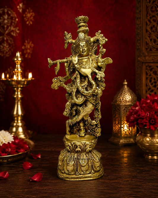 Brassaura® Krishna Playing Flute Idol, Traditional Gold Finish | Pure Superfine Brass Handcrafted Murti | Brass Statue for Home Temple, Pooja Room | Height 14.17 Inches | Weight 2.9 Kgs