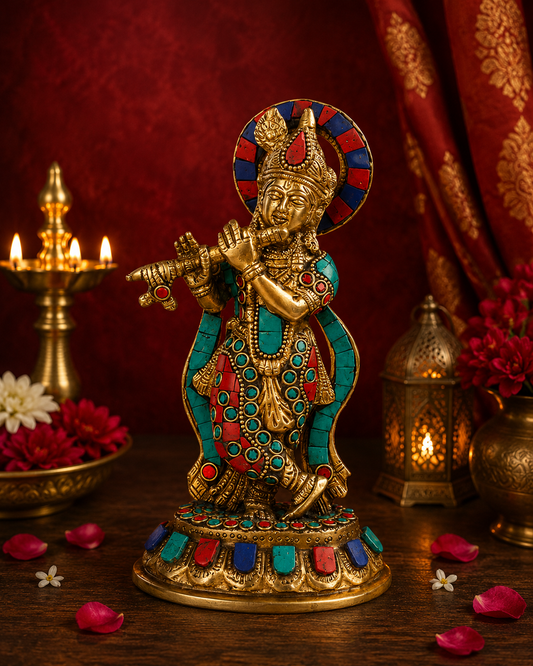 Brassaura® Krishna Playing Flute Idol with Multicolor Stone Work, Premium Gold Finish | Pure Superfine Brass Handcrafted Murti | Brass Statue for Home Temple, Pooja Room | Height 9.84 Inches | Weight 1.2 Kgs