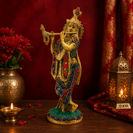 Brassaura® Krishna Playing Flute Idol with Multicolor Stone Work, Premium Gold Finish | Pure Superfine Brass Handcrafted Murti | Brass Statue for Home Temple, Pooja Room | Height 10 Inches | Weight 1.7 Kgs