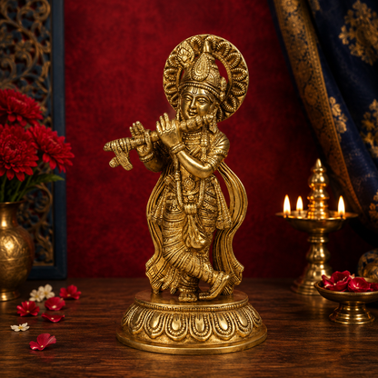 Brassaura® Krishna Playing Flute Idol, Traditional Gold Finish | Pure Superfine Brass Handcrafted Murti | Brass Statue for Home Temple, Pooja Room | Height 10.24 Inches | Weight 1.1 Kgs