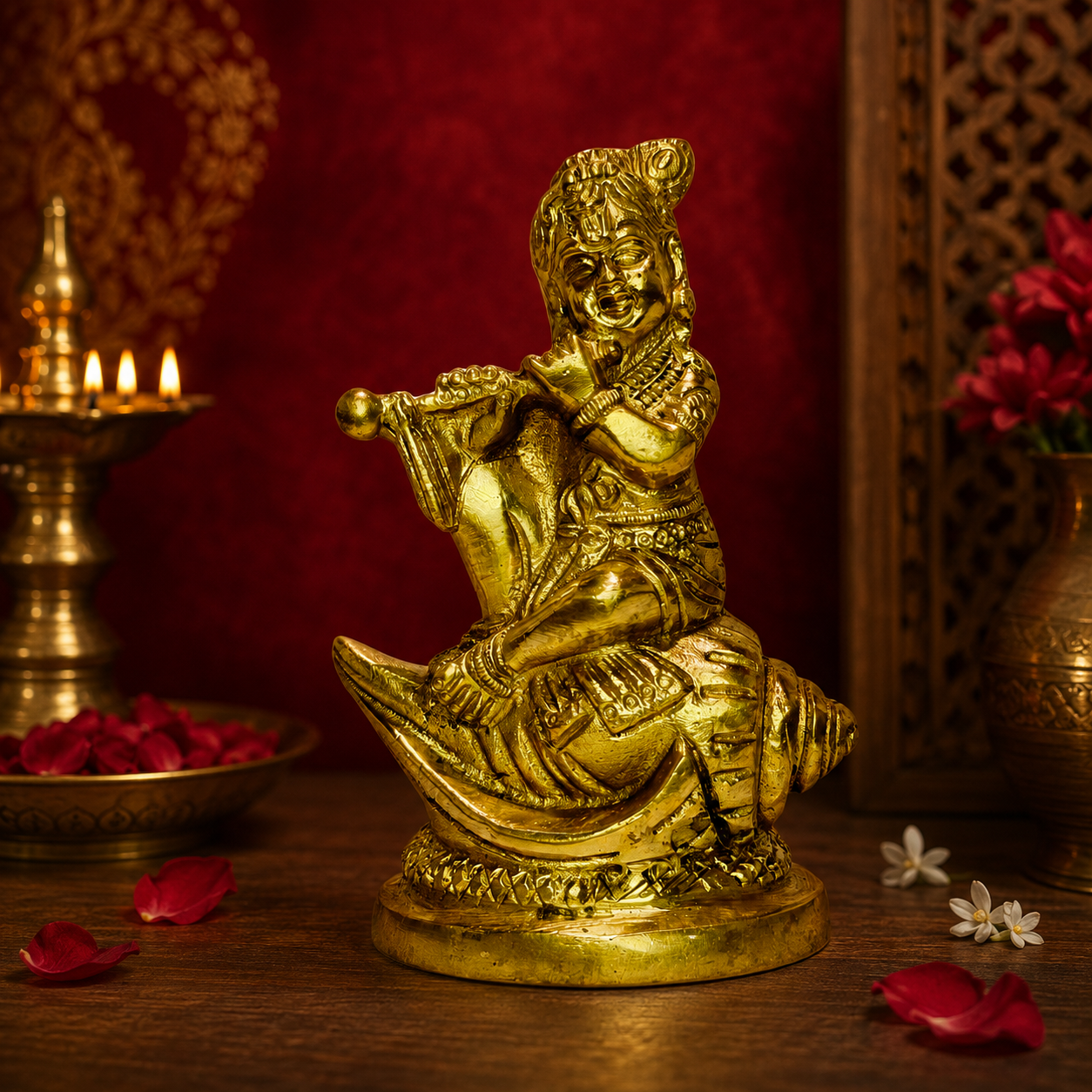 Brassaura® Bal Krishna Playing Flute Idol, Seated Pose, Traditional Gold Finish | Pure Superfine Brass Handcrafted Murti | Brass Statue for Home Temple, Pooja Room | Height 5.51 Inches | Weight 600 Grams