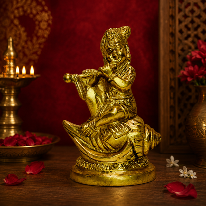 Brassaura® Bal Krishna Playing Flute Idol, Seated Pose, Traditional Gold Finish | Pure Superfine Brass Handcrafted Murti | Brass Statue for Home Temple, Pooja Room | Height 5.51 Inches | Weight 600 Grams