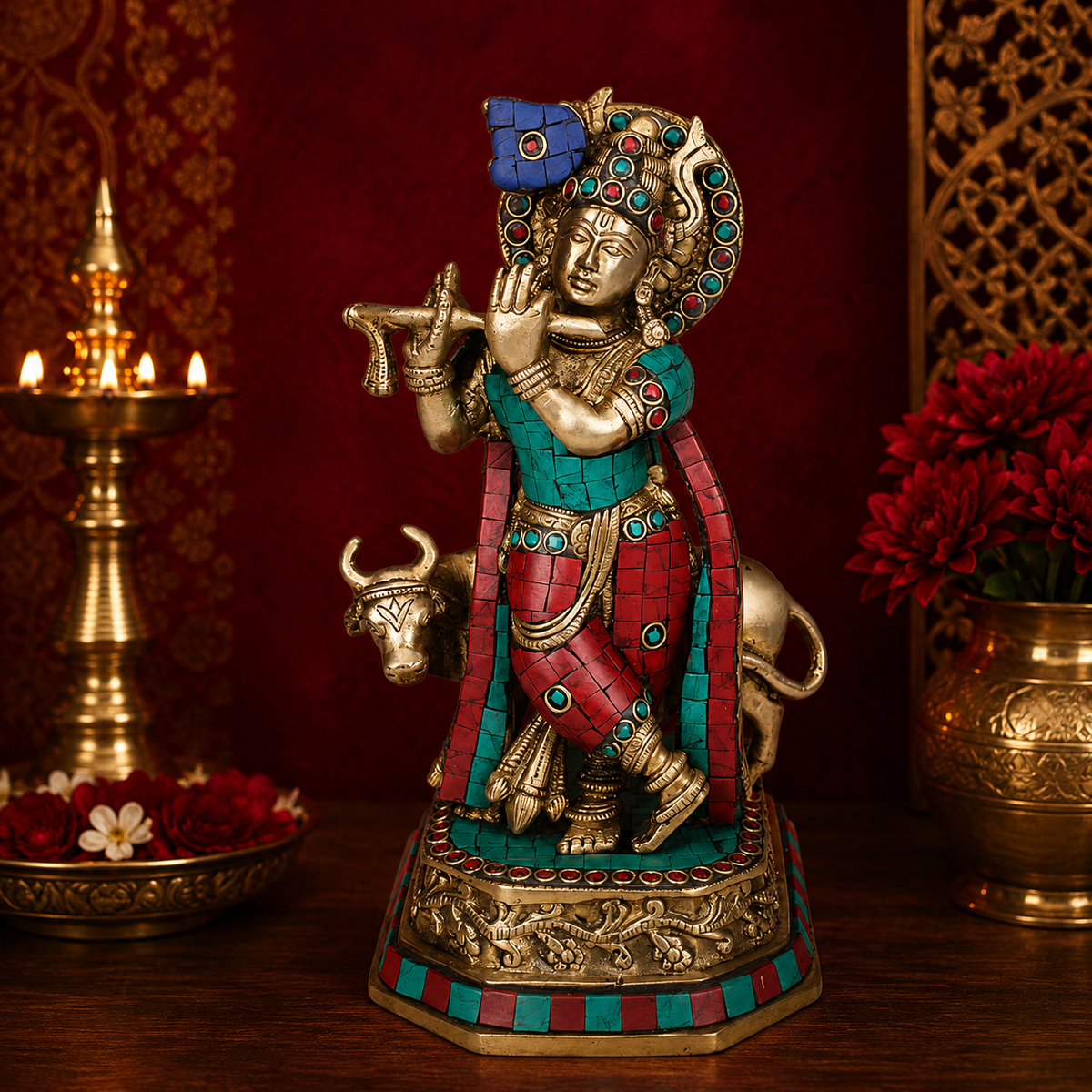 Brassaura® Krishna Playing Flute Idol with Cow, Multicolor Stone Work, Gold Finish | Pure Superfine Brass Handcrafted Murti | Brass Statue for Home Temple, Pooja Room | Height 11.02 Inches | Weight 2.7 Kgs