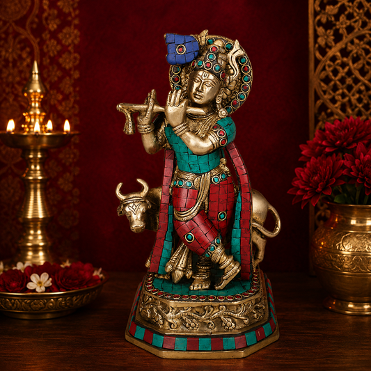 Brassaura® Krishna Playing Flute Idol with Cow, Multicolor Stone Work, Gold Finish | Pure Superfine Brass Handcrafted Murti | Brass Statue for Home Temple, Pooja Room | Height 11.02 Inches | Weight 2.7 Kgs