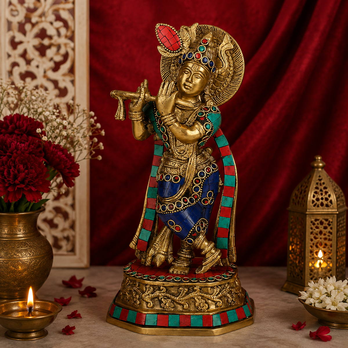 Brassaura® Krishna Playing Flute Idol with Multicolor Stone Work, Premium Gold Finish | Pure Superfine Brass Handcrafted Murti | Brass Statue for Home Temple, Pooja Room | Height 12.99 Inches | Weight 2 Kgs